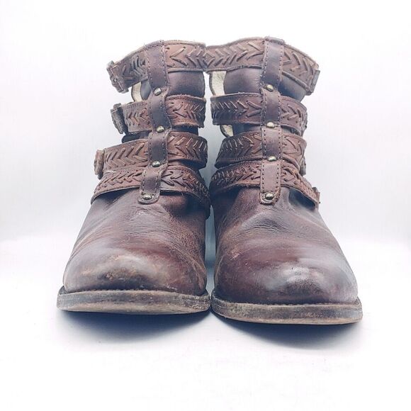 Freebird Women's Almond Toe Braided Buckled Straps Brown Leather Ankle Boots 10 - Picture 5 of 11